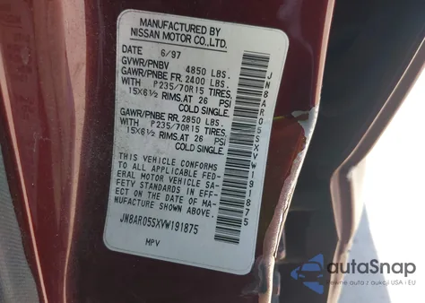 1997 Nissan Pathfinder Le/Xe z USA, uszkodzony, nr VIN JN8AR05SXVW191875